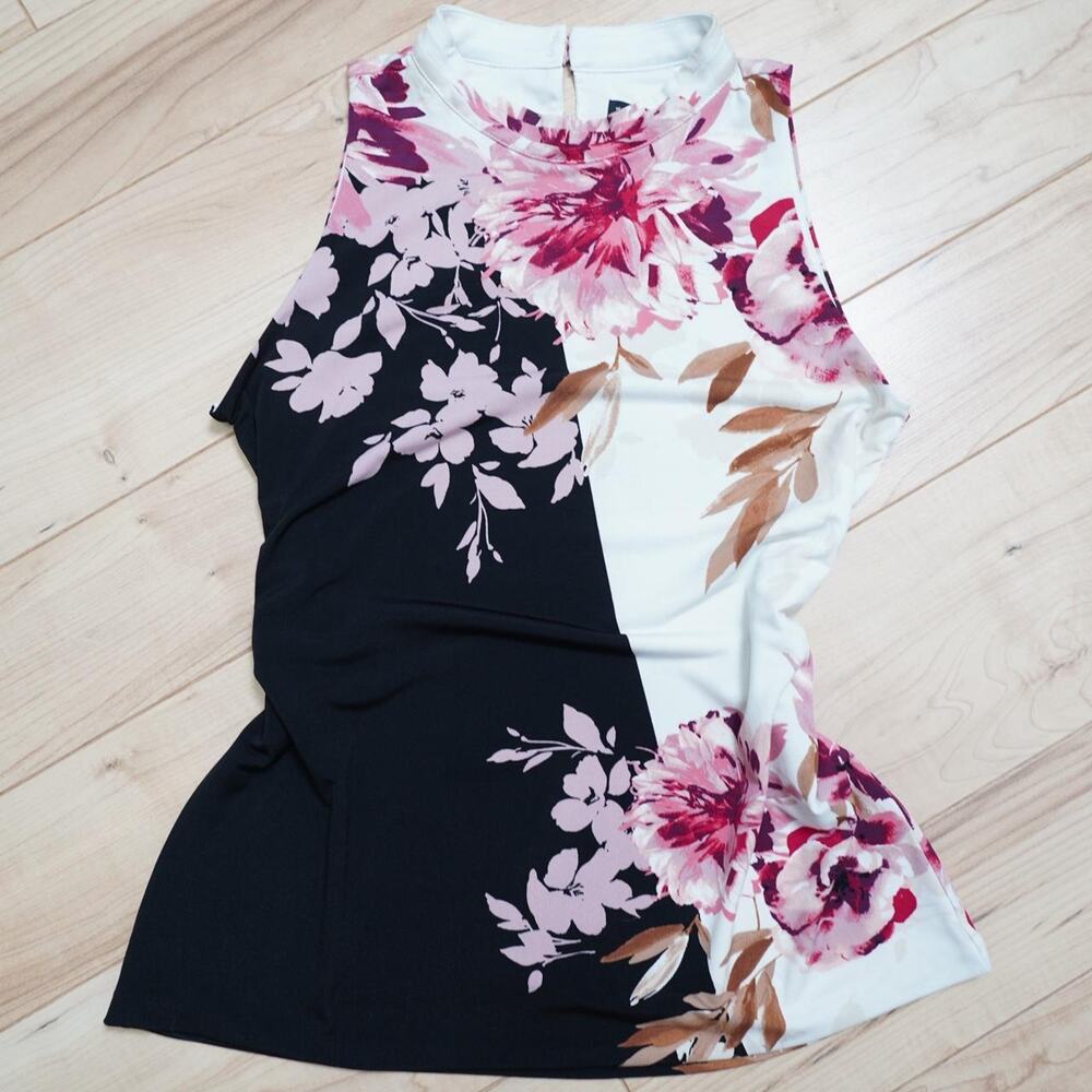 White House Black Market Floral Colorblock Sleeveless Blouse Romantic Glam M Y2K